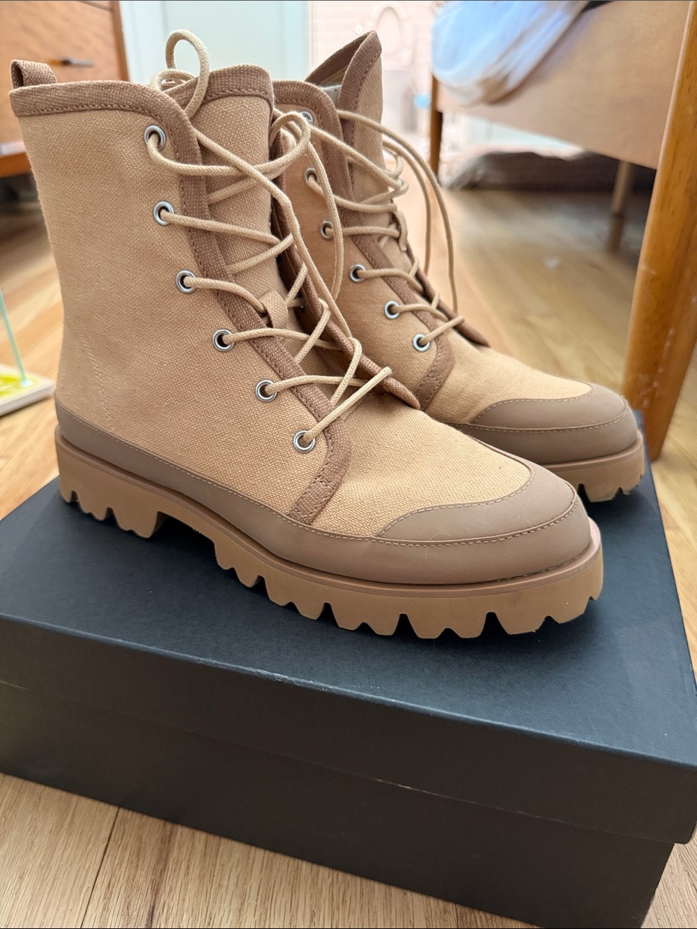 J. Crew canvas, lace up lug sol boot light caramel size 7.
